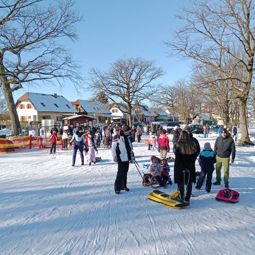 Eine Gruppe von Menschen versammelt sich in einem verschneiten Bereich, möglicherweise für eine Winterveranstaltung. Einige sind beim Skifahren, während andere spazieren. In der Ferne befinden sich Häuser und vor ihnen geparkte Autos.