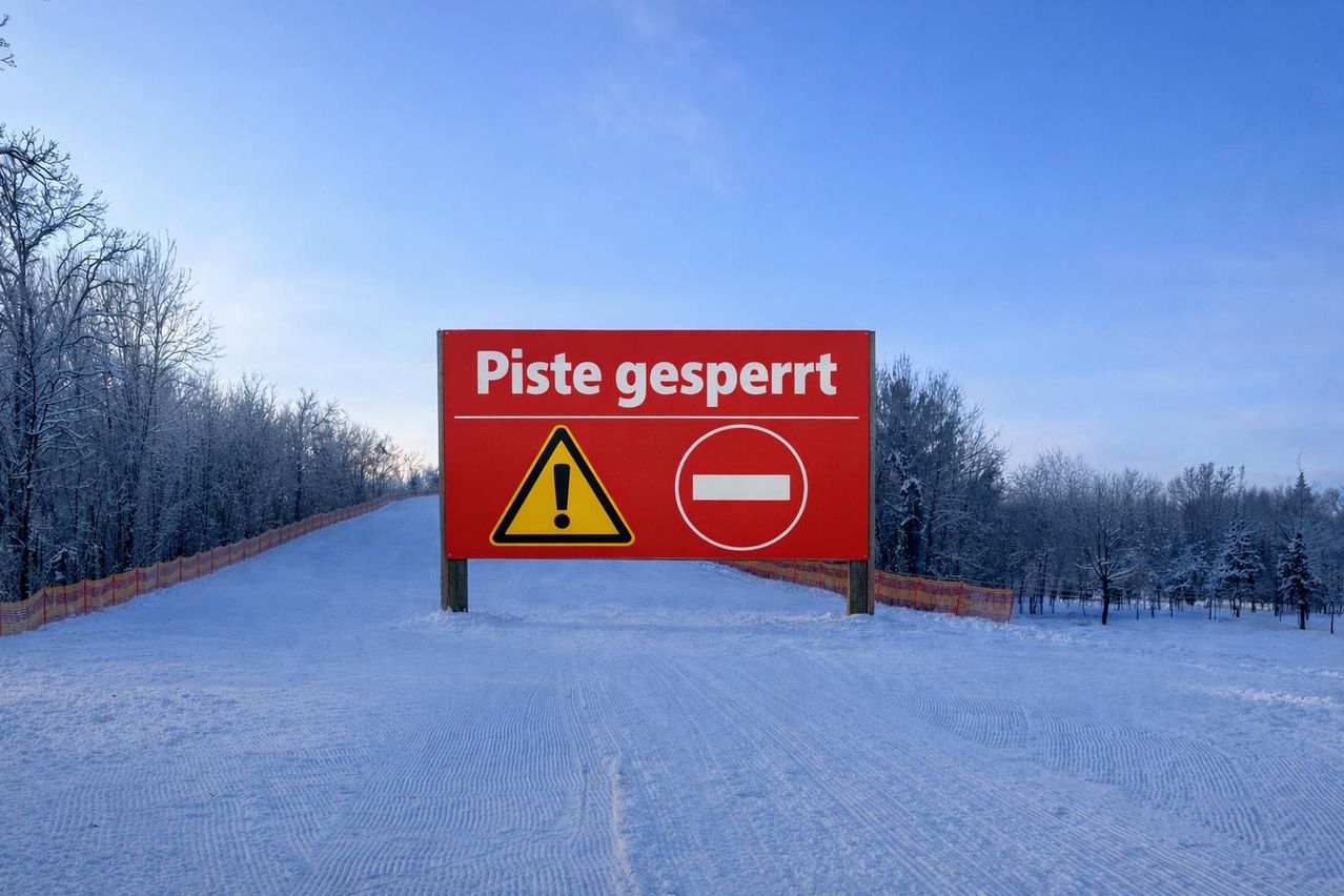 Ein rotes Schild auf einer verschneiten Piste steht mit 'Piste gesperrt', einer Warnung und einem Verbotszeichen.