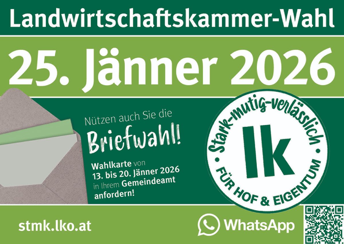 Plakat für Wirtschaftskammer-Wahl 2026. Stimmzettel vom 13. bis 20. Jänner 2026 im Gemeindeamt erhältlich. WhatsApp-Link angegeben.