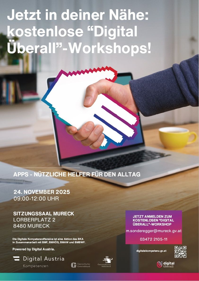 Hand hält Papier mit App-Symbol, Laptop auf Tisch, Tasse, Bücher. Text: Uberall Workshops, Apps, Datum, Uhrzeit, Ort.