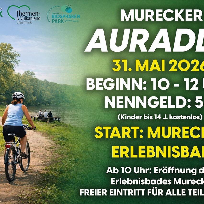 Plakat für eine Fahrradtour mit einer Frau auf dem Fahrrad. Das Datum ist 31. Mai 2026. Beginn um 10-12. Eintrittsgebühr ist 5. Kostenlos für Kinder unter 14.