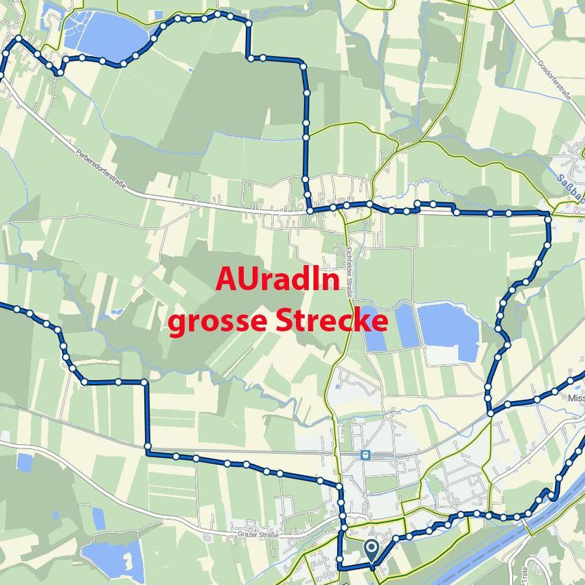 Karte, die eine Route mit der Bezeichnung AUradln grosse Strecke zeigt. Die Karte enthält eine blaue Linie, die die Route darstellt, und einen grünen Punkt, der einen Standort anzeigt.