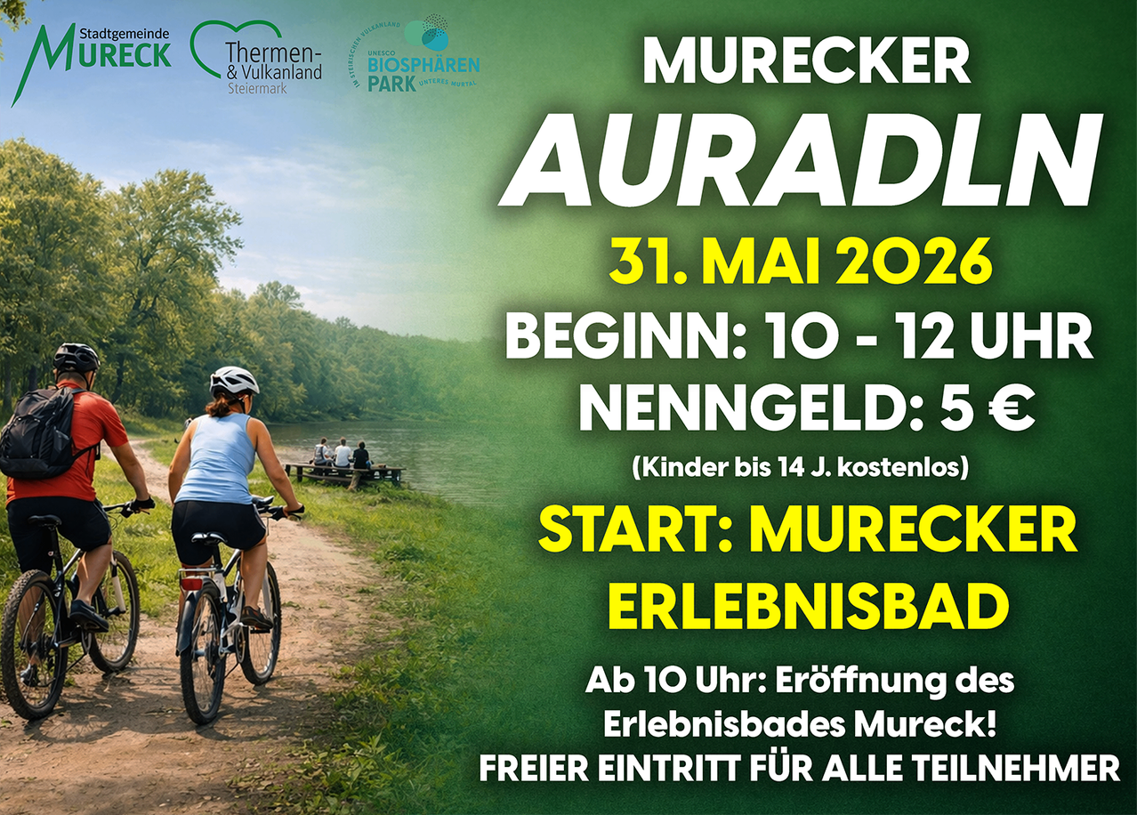 Plakat für die Murecker Aurad-Veranstaltung. Es zeigt eine Frau, die mit einem Fahrrad fährt, mit einem malerischen Fluss und Bäumen im Hintergrund. Die Veranstaltung findet am 31. Mai 2024 um 10 Uhr statt. Kinder unter 14 Jahren können kostenlos teilnehmen.