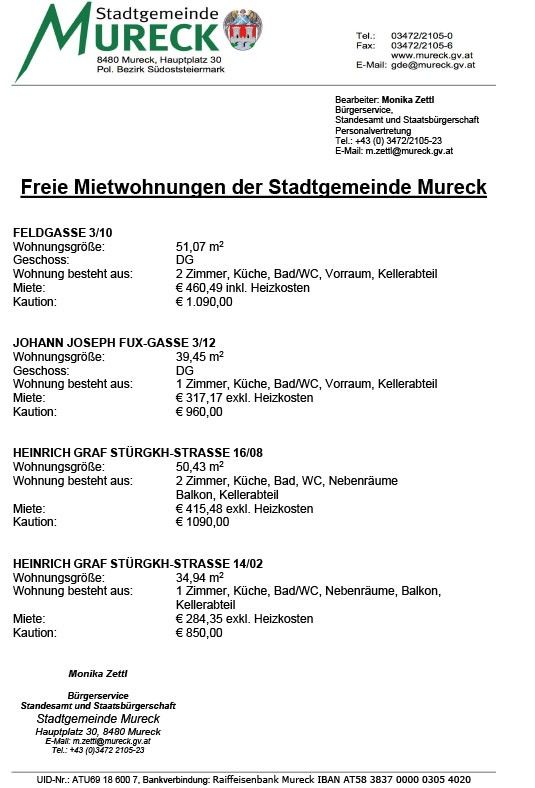 Dieses Dokument listet verfügbare Mietwohnungen in Mureck, Österreich auf. Es enthält Details wie Adresse, Größe, Miete und optionale Heizkosten. Die Kontaktinformationen für Monika Zetti sind angegeben.