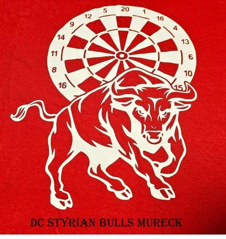 Ein rotes Poster zeigt einen stilisierten Stier, der mit einem Dartboard im Hintergrund aufgeladen wird. Das Dartboard hat die Zahlen 1 bis 20 um seinen Umfang herum. Unter dem Bild steht der Text 'DC STYRIAN BULLS MURECK'.