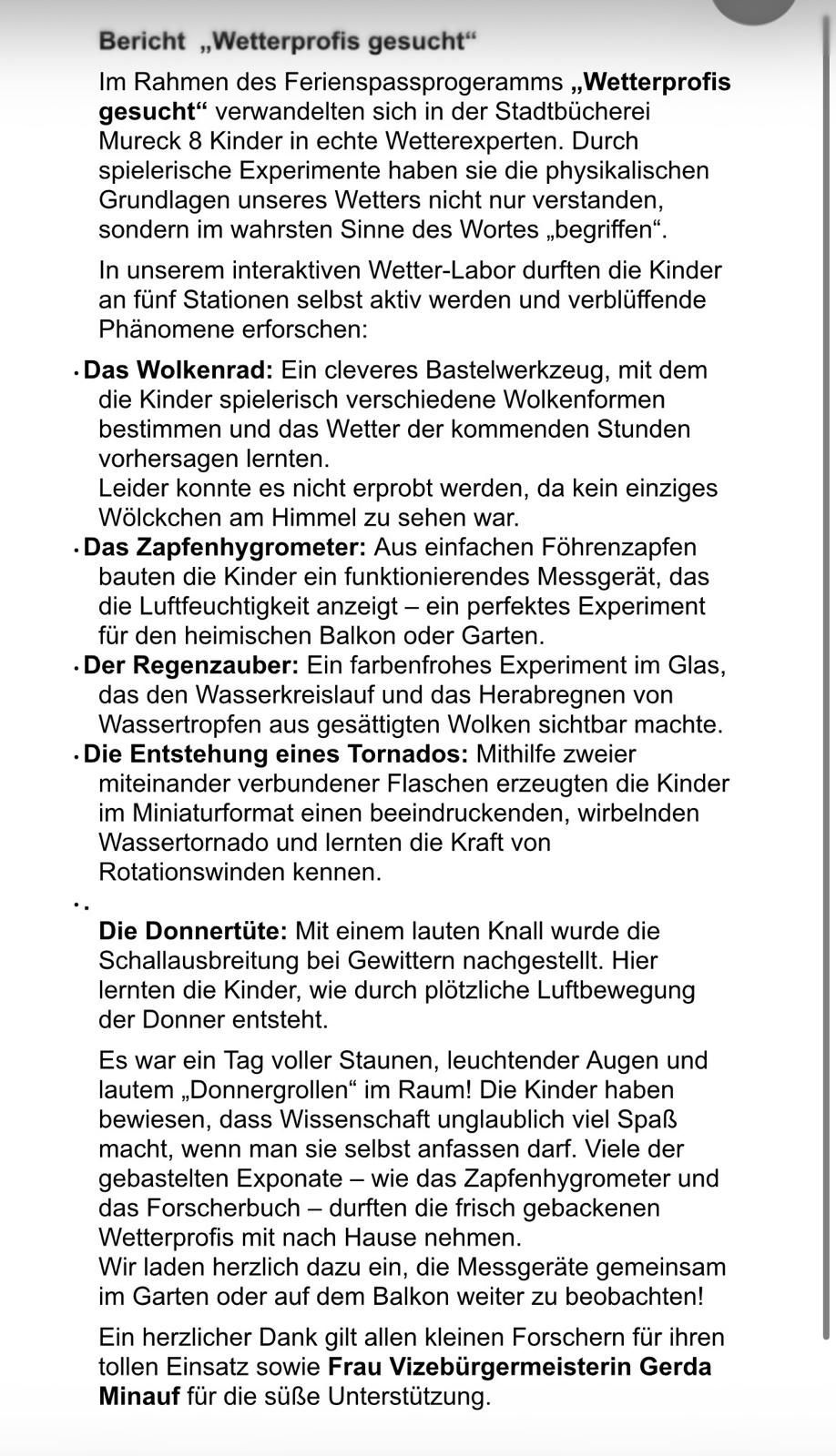 Eine Seite aus einem Buch mit dem Titel 'Phänomene erforscht' beschreibt verschiedene wetterbezogene Experimente für Kinder, einschließlich eines Wolkenrads, eines Schraubenhygrometers, eines Regenzaubers, einer Tornadoerschaffung und eines Donnertricks.
