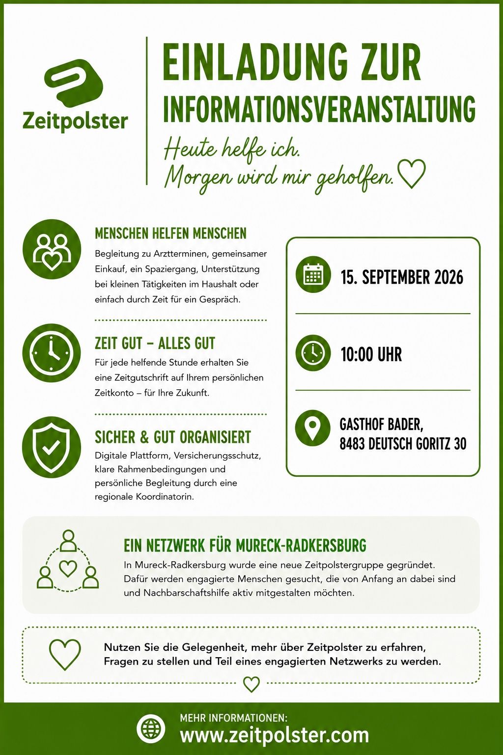 An infographic about a time bank initiative in Mureck-Radkersburg, Austria. It highlights the benefits of participating, including companionship, time credits, and a secure digital platform. The event is scheduled for September 15, 2026, at 10:00 AM.