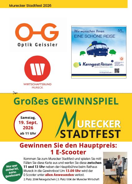 Poster for the Murecker Stadtfest 2026 featuring a contest to win an E-scooter. The poster includes logos of sponsors, a QR code, and a man riding an E-scooter. The event is scheduled for Saturday, September 19, 2026, starting at 11 AM.