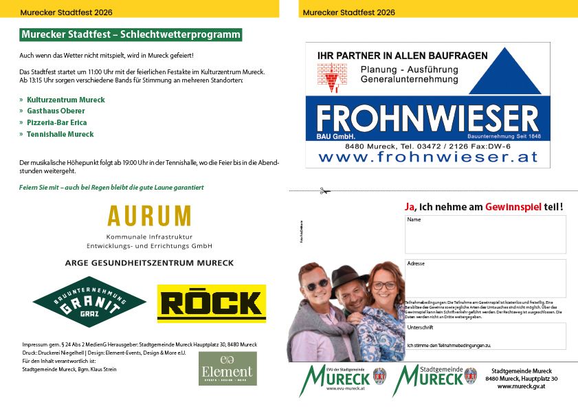 Poster for Murecker Stadtfest 2026 with details about the event, bands, and locations. It includes a logo for the event and logos for sponsors like Granit and Rock.
