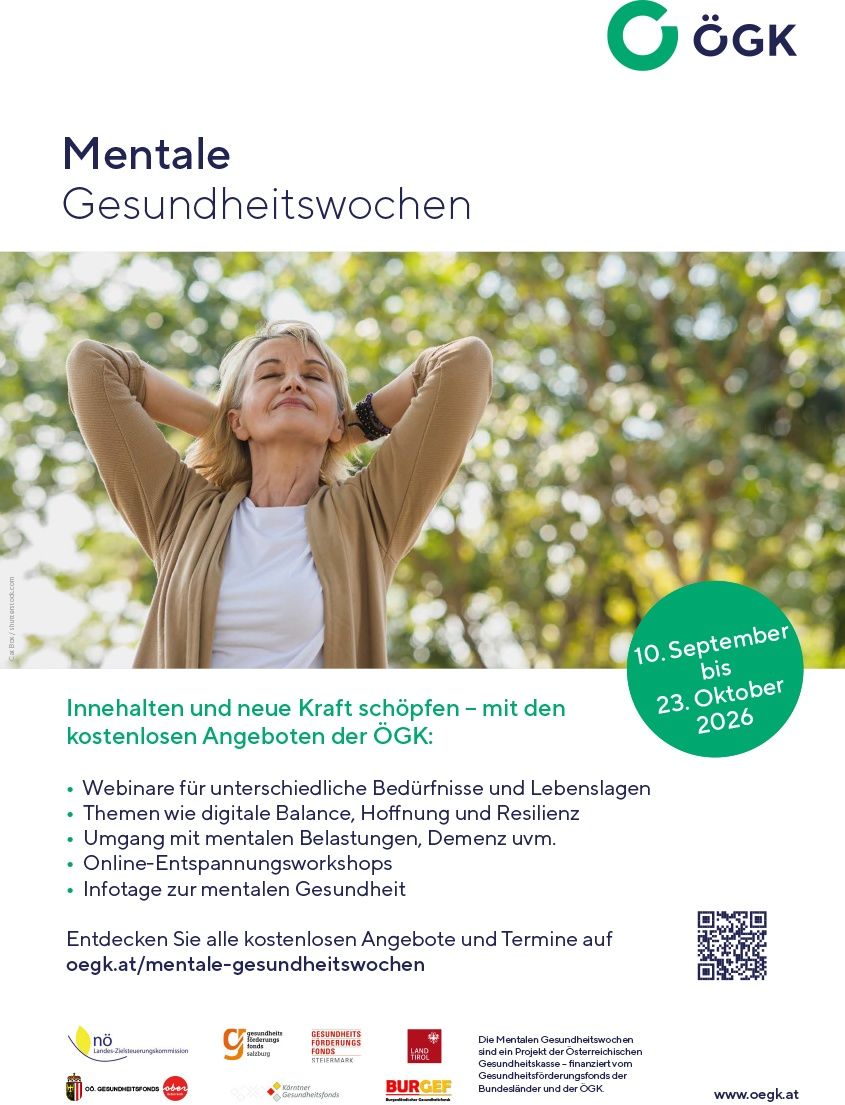 A woman with closed eyes and hands behind her head, smiling in a park. The text reads 'Mental Health Weeks' and 'Inhalt und neue Kraft schöpfen'. The date range is from September 10 to October 23, 2026.
