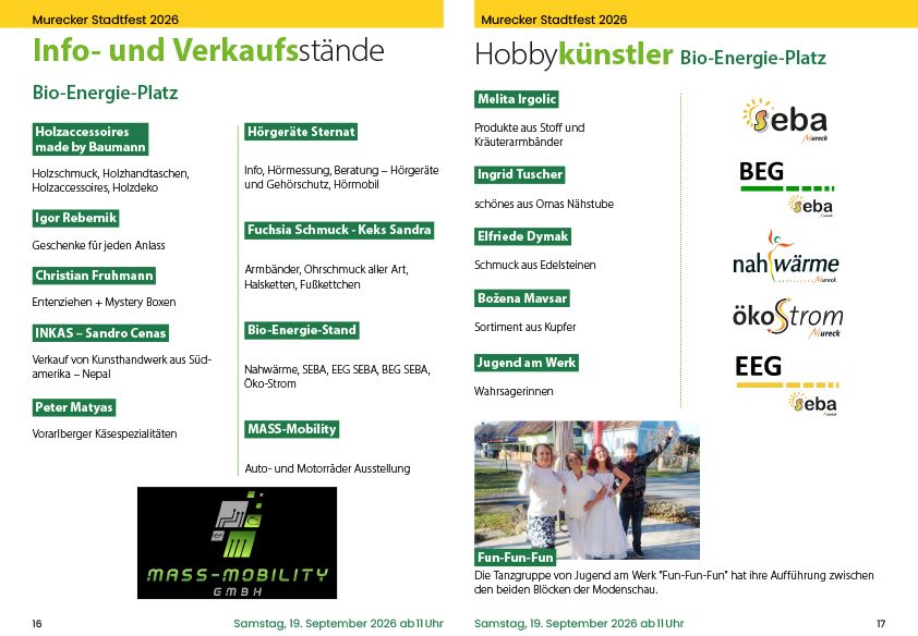 A flyer for the Murecker Stadtfest 2026 featuring various stands and activities, including a bio-energy stand, hobby artists, and a children's fashion show. The flyer includes logos of sponsors and a photo of a group of people.