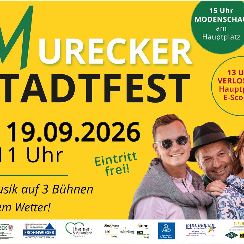 Poster for the Urecker Stadtfest on September 19, 2026, featuring three people smiling and a yellow background with event details.