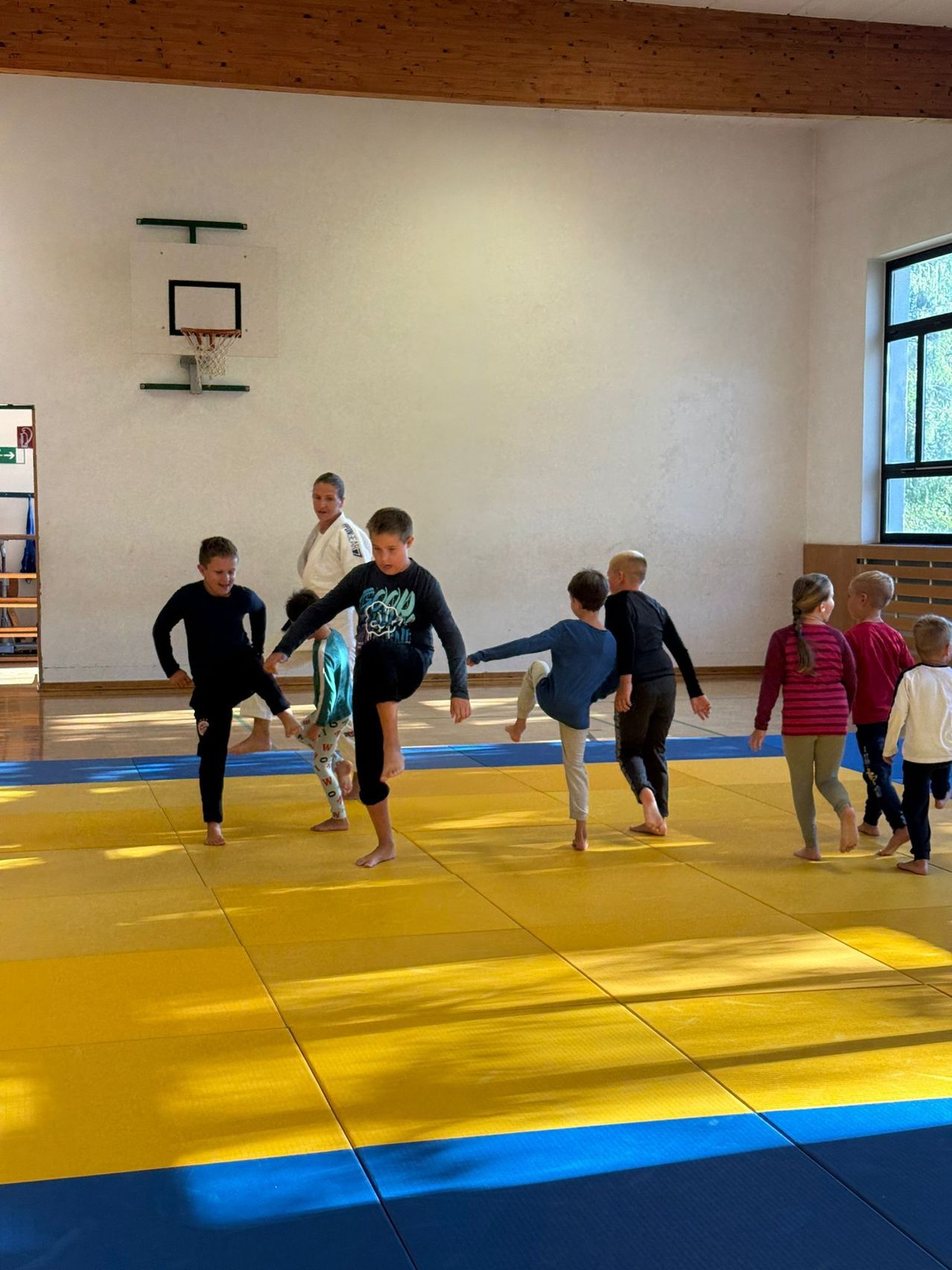 Several children practice martial arts on a yellow mat under supervision, with one child performing a high kick.