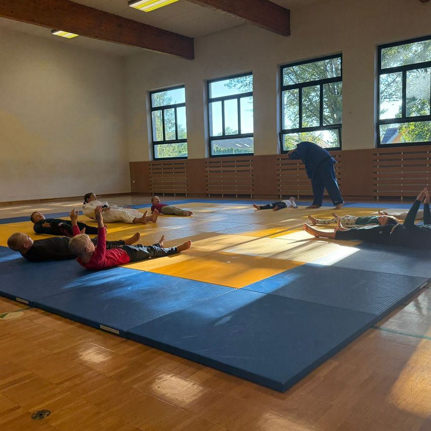 A group of children and an adult are practicing martial arts on a blue and yellow mat in a gym. The instructor is standing and observing.