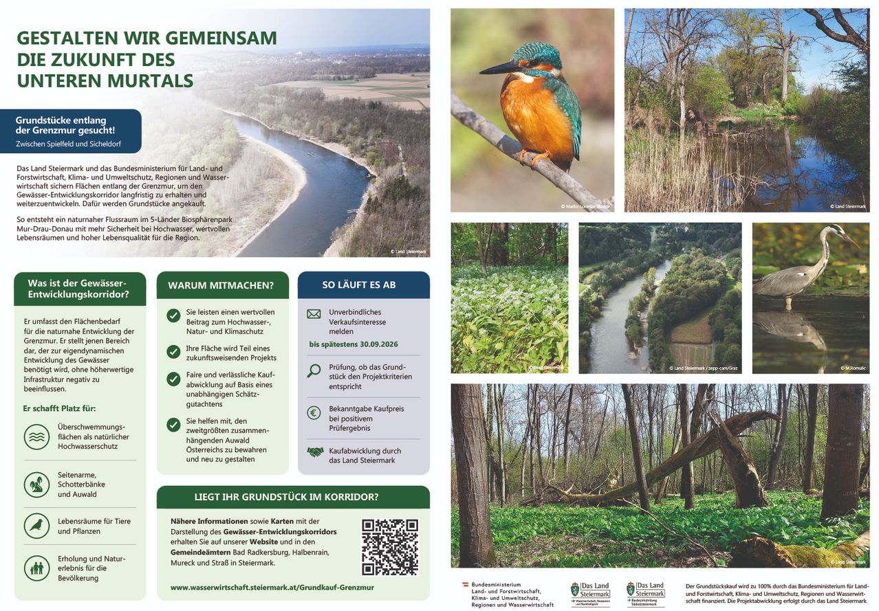 Das Bild zeigt ein Plakat über ein Projekt namens "Wir gemeinsam für die Korridore." Es enthält Bilder von einem Fluss, einem Eisvogel und Waldszenen. Das Plakat betont die Bedeutung des Schutzes von Natur und Klima und bietet Details über das Projekt und wie man teilnehmen kann.