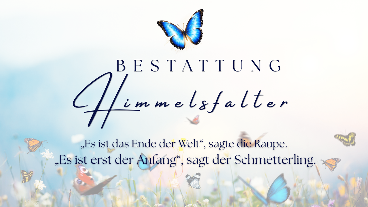 Ein Bild mit einem blauen Schmetterling und Blumenhintergrund, das einen Spruch über die Verwandlung von Raupe zu Schmetterling zeigt.