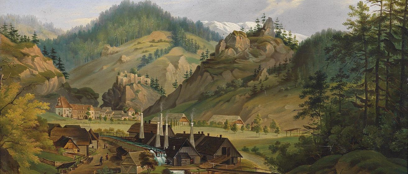 Das Gemälde zeigt eine bergige Landschaft mit einem kleinen Dorf darunter. Rauch steigt aus Schornsteinen auf, was auf industrielle Aktivität hinweist. Ein Fluss fließt durch das Dorf, mit einer Brücke und einer Wassermühle in der Nähe. Bäume und Felsen bevölkern die Szene, und Berge in der Ferne sind teilweise schneebedeckt.