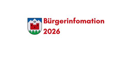 Ein weißer Hintergrund mit einem Logo und dem Text 'Bürgerinformation 2026' in Rot. Das Logo zeigt ein Schloss mit rotem Dach und grünem Feld.