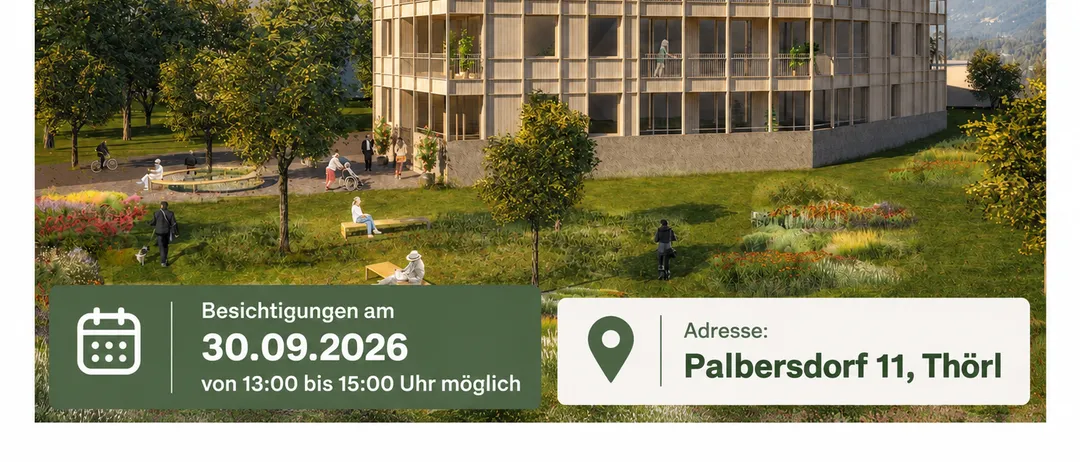 Eine architektonische Darstellung eines modernen Wohngebäudes mit Balkonen und Grünflächen, in einer ruhigen Parkumgebung. Das Bild enthält Datum und Ort für eine bevorstehende Veranstaltung.