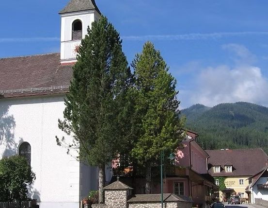 Eine weiße Kirche mit braunem Dach und einem Kirchturm, mit Bäumen davor und Bergen im Hintergrund. Es gibt auch Häuser und ein Auto in der Szene.