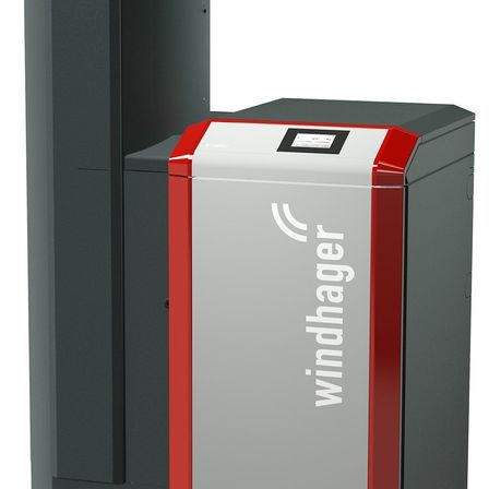 Eine schwarze und rote Industriemaschine mit dem Wort 'windhager' in weiß auf der Vorderseite. Die Maschine hat ein digitales Display oben und einen roten Rand.