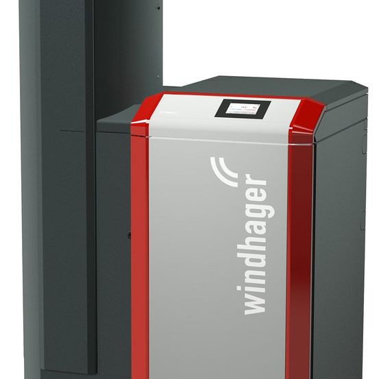 Eine schwarze und rote Industriemaschine mit dem Wort 'windhager' in weiß auf der Vorderseite. Die Maschine hat ein digitales Display oben und einen roten Rand.