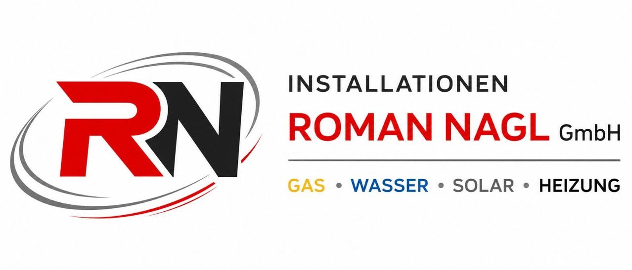 Installation Roman N Logo mit Gas, Wasser und Solarenergie Text.