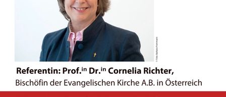 The image features a smiling woman, Prof. Dr. Cornelia Richter, Bishop of the Evangelical Church in Austria. The event is titled 'Looking Ahead in 10 Years' and is scheduled for Monday, June 15, 2026, at 19:00. The location is Weinwerk Burgenland in Neusiedl am See. Admission is free.