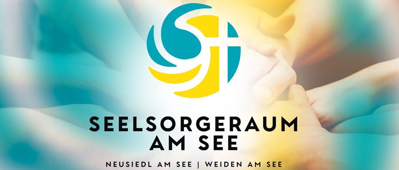 Eine Werbung fur Seelsorgerraum am See zeigt ein blaues und gelbes Logo mit sich haltenden Handen. Es listet Neusiedl am See und Weiden am See als Standorte auf.