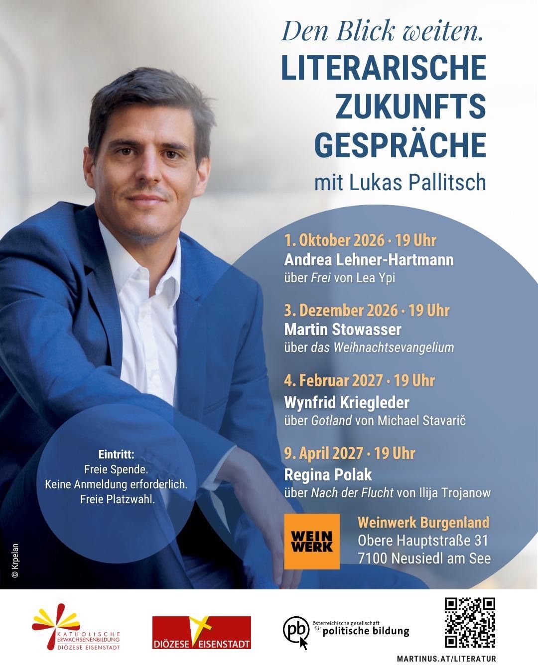 Ein Plakat für literarische Zukunftsgespräche mit Lukas Pallitsch. Das Plakat zeigt einen Mann in einem blauen Anzug und einen Zeitplan der Veranstaltungen.