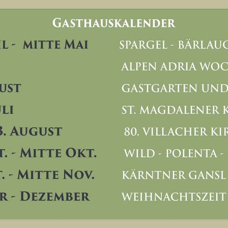 Ein grüner Banner listet saisonale Veranstaltungen in einem Restaurant auf. Veranstaltungen umfassen Spargel, Wild und Weihnachten. Die Termine reichen von Mai bis Dezember.