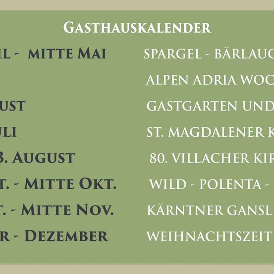 Ein grüner Banner listet saisonale Veranstaltungen in einem Restaurant auf. Veranstaltungen umfassen Spargel, Wild und Weihnachten. Die Termine reichen von Mai bis Dezember.