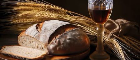 Ein Brotlaib mit einem ausgeschnittenen Stück steht auf einem Holzbrett mit einem Glas Wein und Weizenhalmen im Hintergrund.