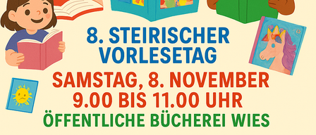 Eine Illustration von vier Kindern, die Bücher halten, unter einem Regenbogen. Der Banner lautet 'Der Kindergemengerat Wies Liest Mit' mit einer Wolke, Büchern und einer Karte mit 'Clummer Gay'. Darunter steht '8. Steirischer Volkstag'.