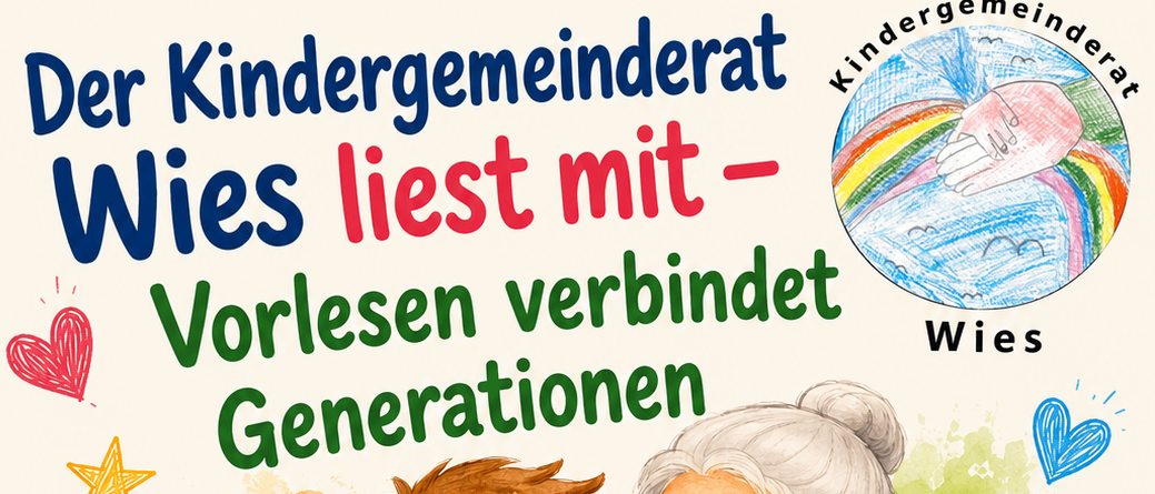 Plakat für Leseveranstaltun, die Generationen verbindet, am Samstag, 13. Juni 2026, von 9:00 bis 11:00 Uhr im Caritas Pflegewohnhaus Wies. Mit einer älteren Frau und einem Kind, die Bücher lesen.
