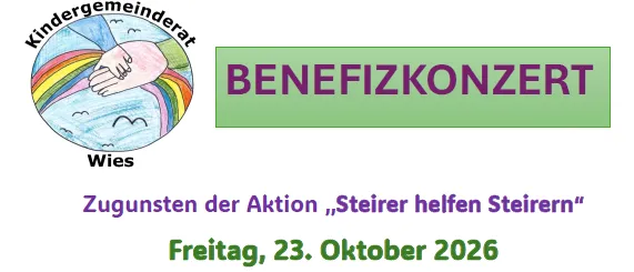 Ein Plakat für ein Benefizkonzert in Wies, Österreich, mit einem Mann, der ein Mikrofon auf der Bühne hält. Das Event findet am Freitag, 23. Oktober 2026, um 17:00 Uhr statt. Das Plakat enthält Logos verschiedener Schulen und Organisationen.