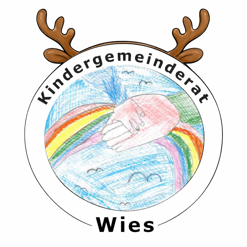 Ein kreisförmiges Emblem mit Rentiergeweih oben zeigt eine Hand, die eine andere unter einem Regenbogen hält. Der Text lautet 'Kindergemeinderat Wies'.