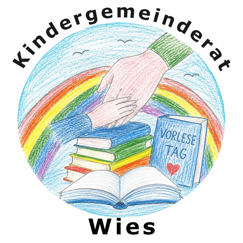 Hände halten ein Buch mit den Worten 'Kindergemeinderat Wies'. Über den Händen ein Regenbogen, darunter ein Stapel Bücher und ein Buch mit 'Vorlese Tag' darauf.