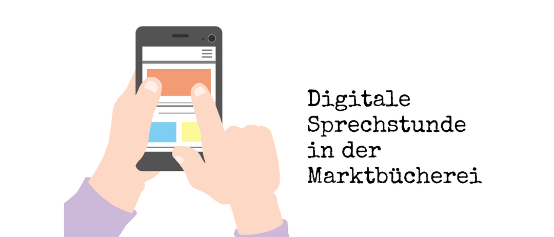 Hände halten ein Smartphone, das eine Webseite mit orangen, blauen und gelben Blöcken anzeigt. Der Text lautet 'Digitale Sprechstunde in der Marktbuch'.