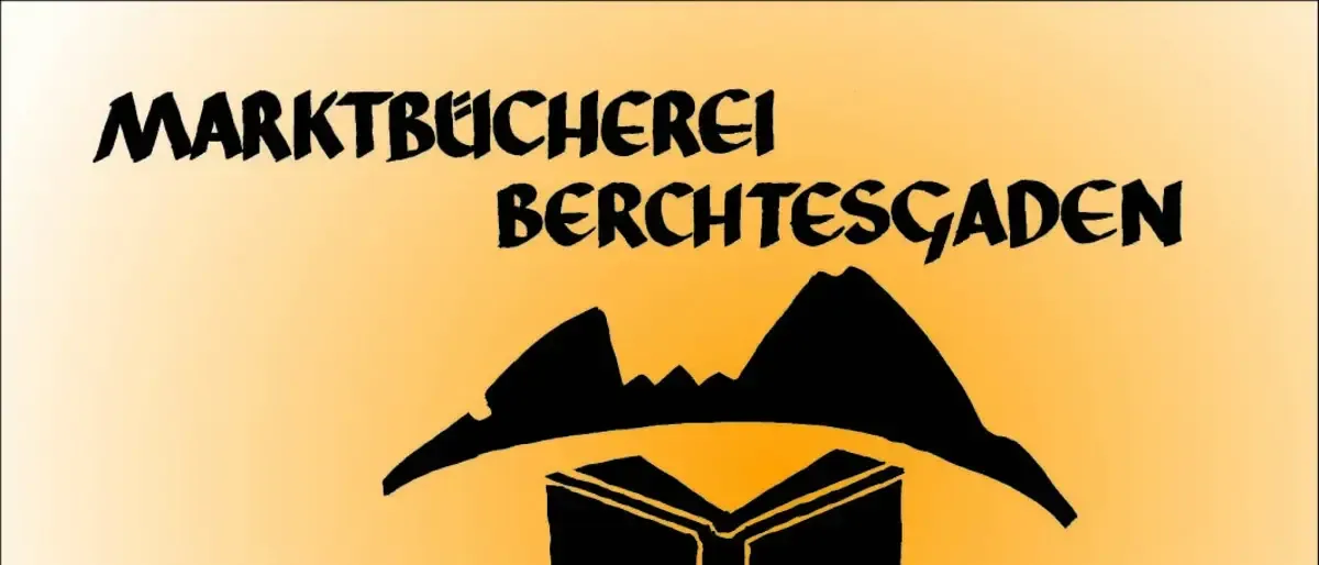 Gelber Hintergrund mit einem Buchsymbol, 'Marktbücherei Berchtesgaden' Text und Telefonnummer (08652)63.