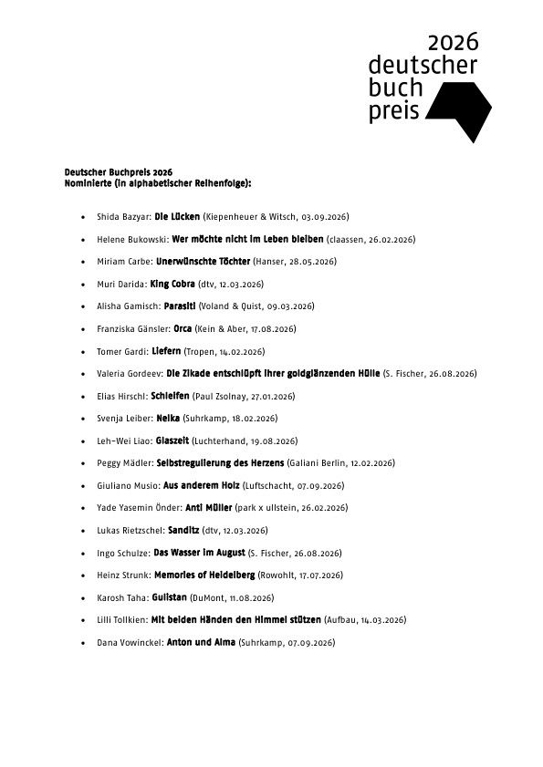 Ein Dokument mit dem Titel 'Deutscher Buchpreis 2026' listet die Nominierten in alphabetischer Reihenfolge auf. Jeder Eintrag enthält den Namen des Autors, den Buchtitel, den Verlag und das Erscheinungsdatum.