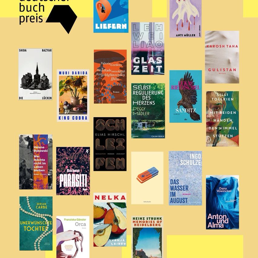 Ein gelber Hintergrund zeigt eine Sammlung von Buchcovern, darunter Titel wie 'Lieber', 'Glaszeit', 'Parasiti' und 'Das Wasser im August'. Jedes Buchcover zeichnet sich durch unterschiedliche Designs und Farben aus und präsentiert eine Vielzahl von Genres und Autoren.