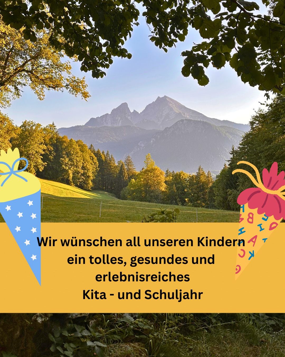 A yellow and blue cone with stars and a pink cone with letters and numbers on a yellow background with a mountain range in the distance.
