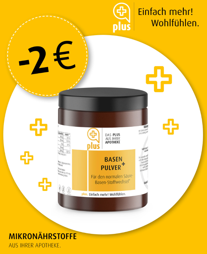 Gelbes Werbeplakat mit einem braunen Glas, das mit 'Basen Pulver Plus' für den normalen Säure-Basen-Haushalt gekennzeichnet ist. Das Glas ist von Pluszeichen und einem Preisnachlass von 2 Euro umgeben. Das Plakat enthält einen gelben Kreis mit einem Minus-2-Euro-Zeichen.