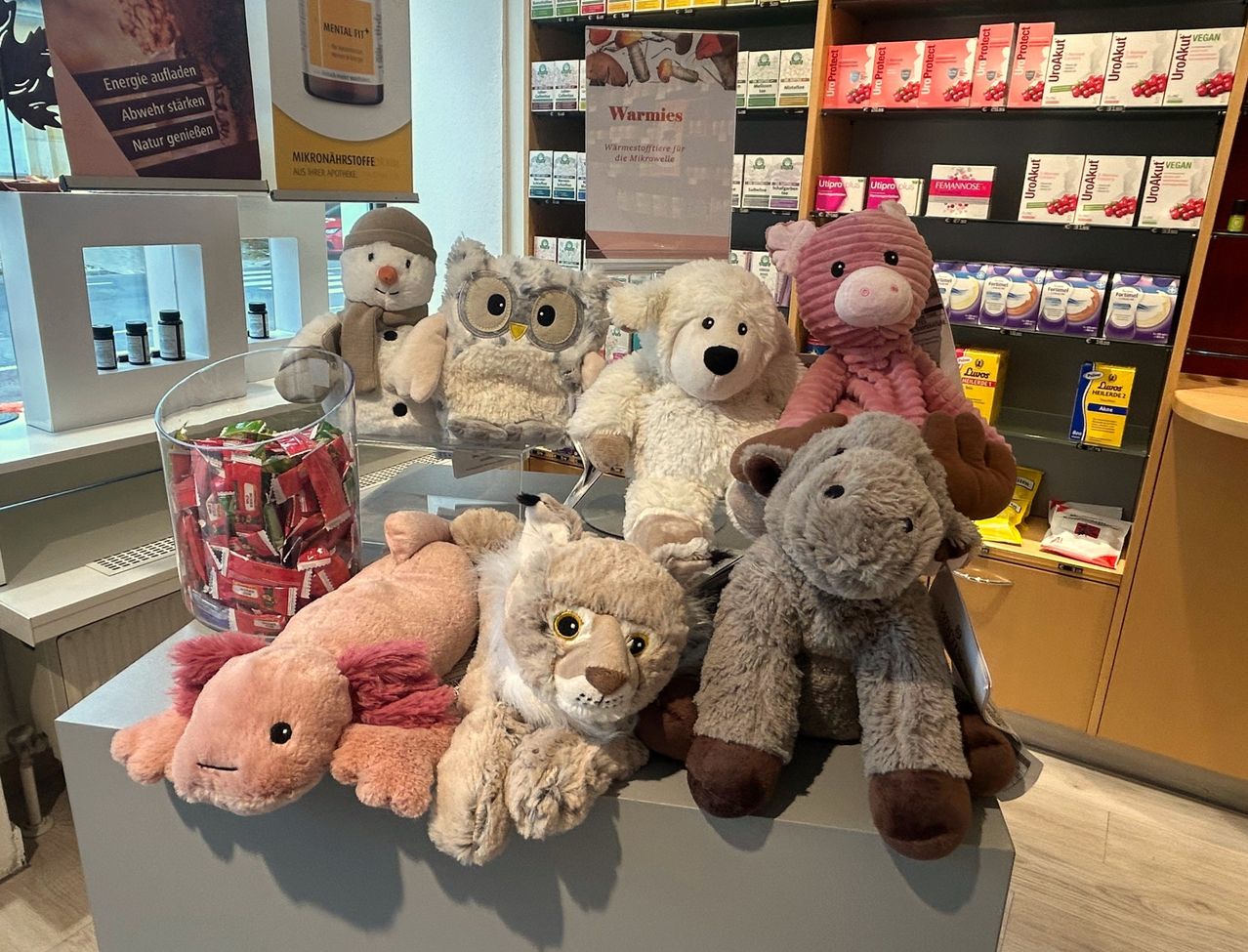 Ein Ladendisplay zeigt eine Auswahl an Plüschtieren, darunter einen Schneemann, eine Eule, einen weißen Bären, einen rosa Bären, einen grauen Elch und eine Katze, die auf einem Tresen mit einem Glas voller Süßigkeiten angeordnet sind. Dahinter sind Regale mit verschiedenen Produkten gefüllt.