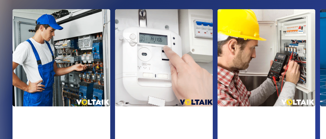 Links: Eine Person bedient einen digitalen Zähler. Mitte: Ein Mann testet elektrische Schaltkreise. Rechts: Ein Mann überprüft elektrische Geräte.