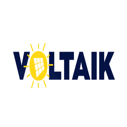 VOLTAiK Logo mit einer Sonne und einem Solarpanel in blauen und gelben Farben auf weißem Hintergrund.