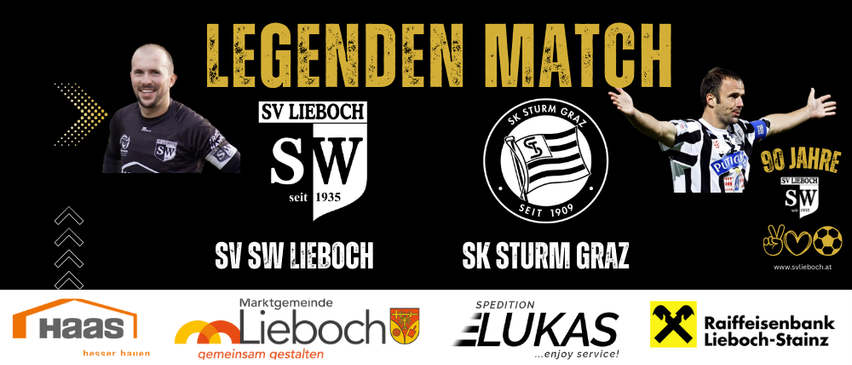 Ein Werbeplakat für ein Fußballspiel zwischen SV SW Lieboch und SK Sturm Graz, mit zwei Spielern, einer mit Logo und der andere winkend.