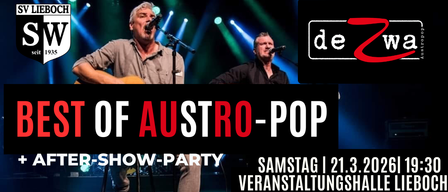 Eine Musikshow mit zwei Künstlern auf der Bühne, einer singt und spielt Gitarre, der andere singt in ein Mikrofon. Die Bühne ist von blauen und grünen Scheinwerfern beleuchtet.