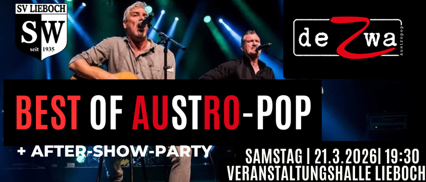 Eine Musikshow mit zwei Künstlern auf der Bühne, einer singt und spielt Gitarre, der andere singt in ein Mikrofon. Die Bühne ist von blauen und grünen Scheinwerfern beleuchtet.